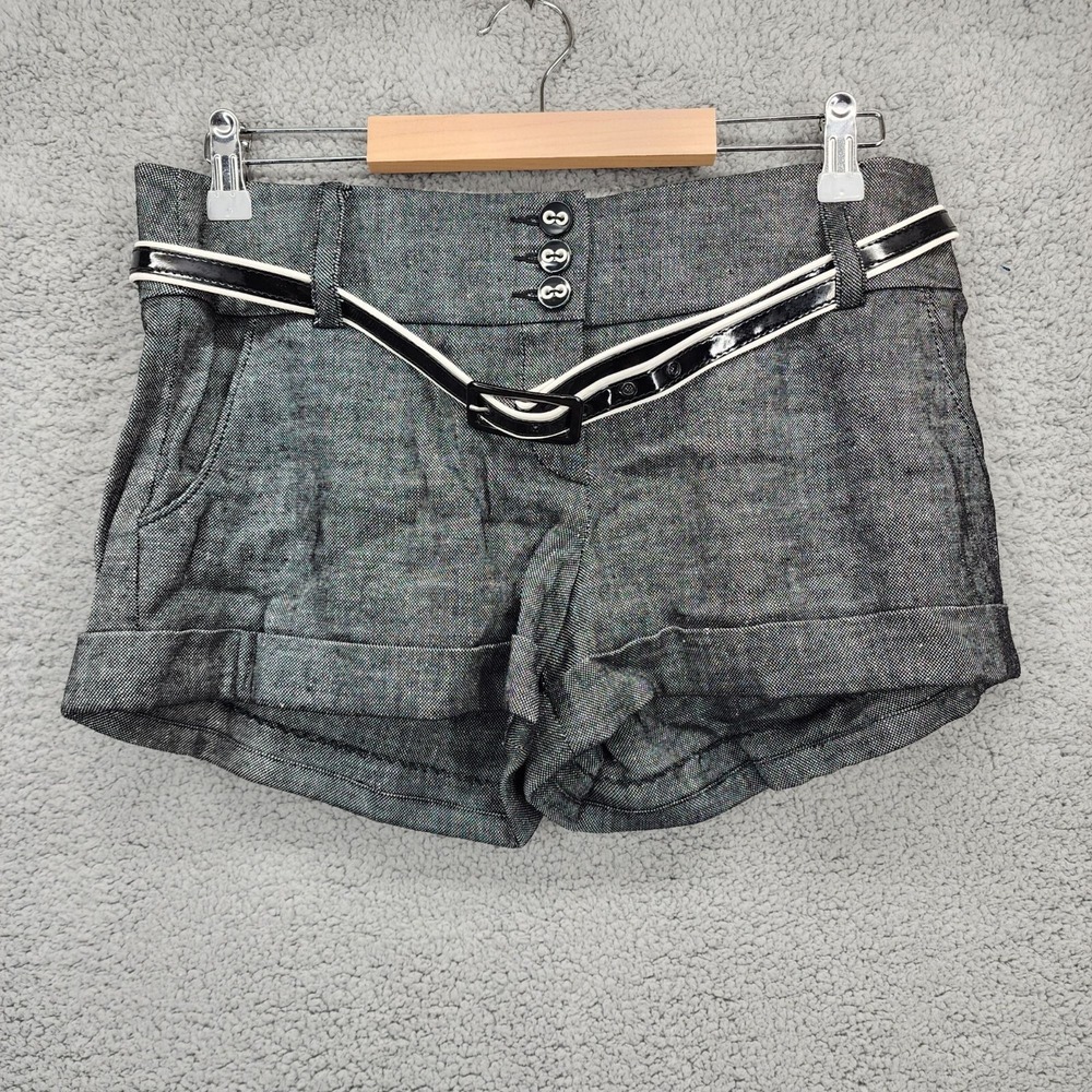 Bebe Charcoal Gray Cuffed Linen Shorts with Black Patent Belt